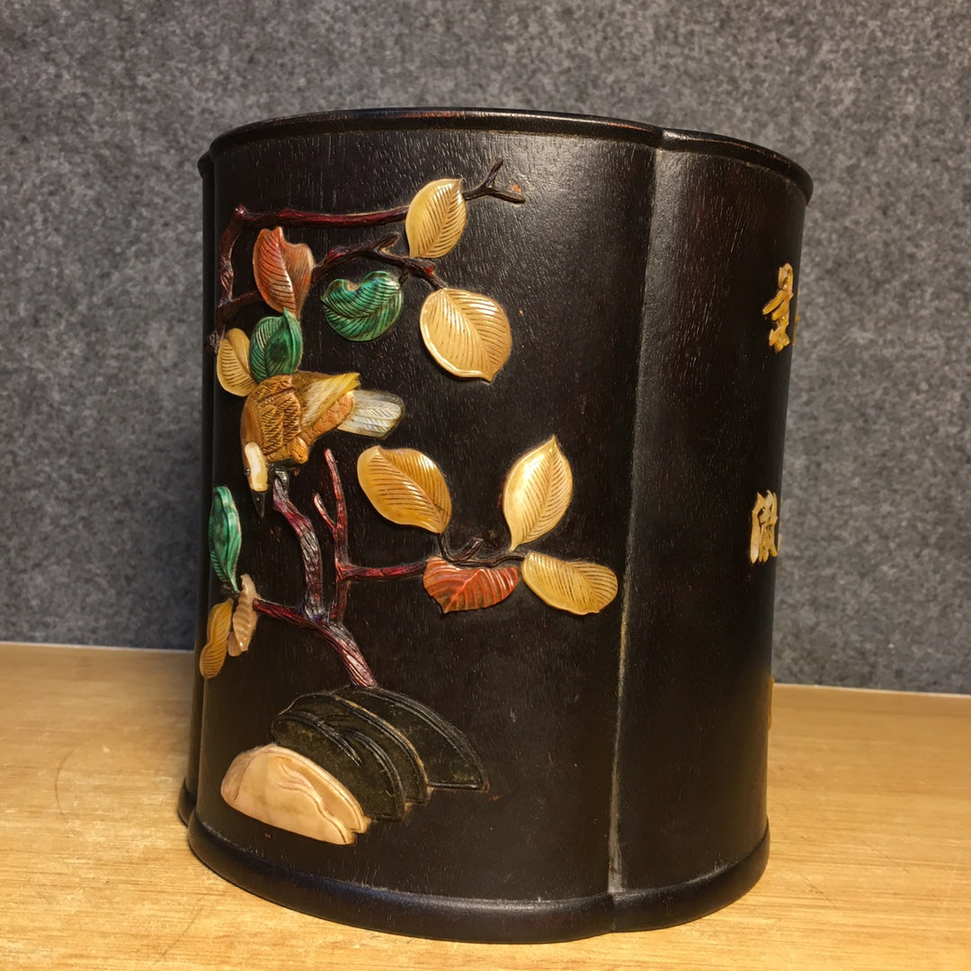 A0798 Chinese Zitan Wood Inlay Shoushan Stone & Shell & Lapis Lazuli & Turquoise Bird Design Brush Pot