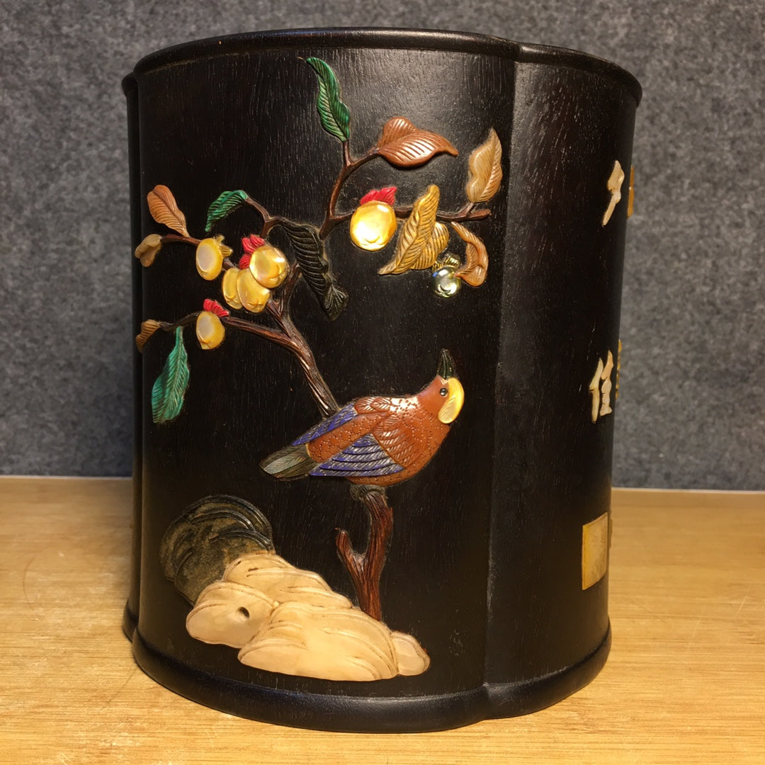 A0798 Chinese Zitan Wood Inlay Shoushan Stone & Shell & Lapis Lazuli & Turquoise Bird Design Brush Pot