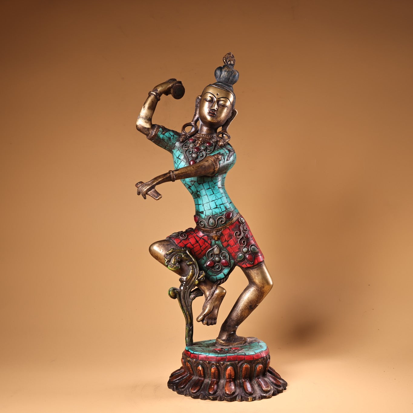 A0805 Tibetan Buddhism Gilt Gold Copper Inlay Turquoise & Gems Tara Statue