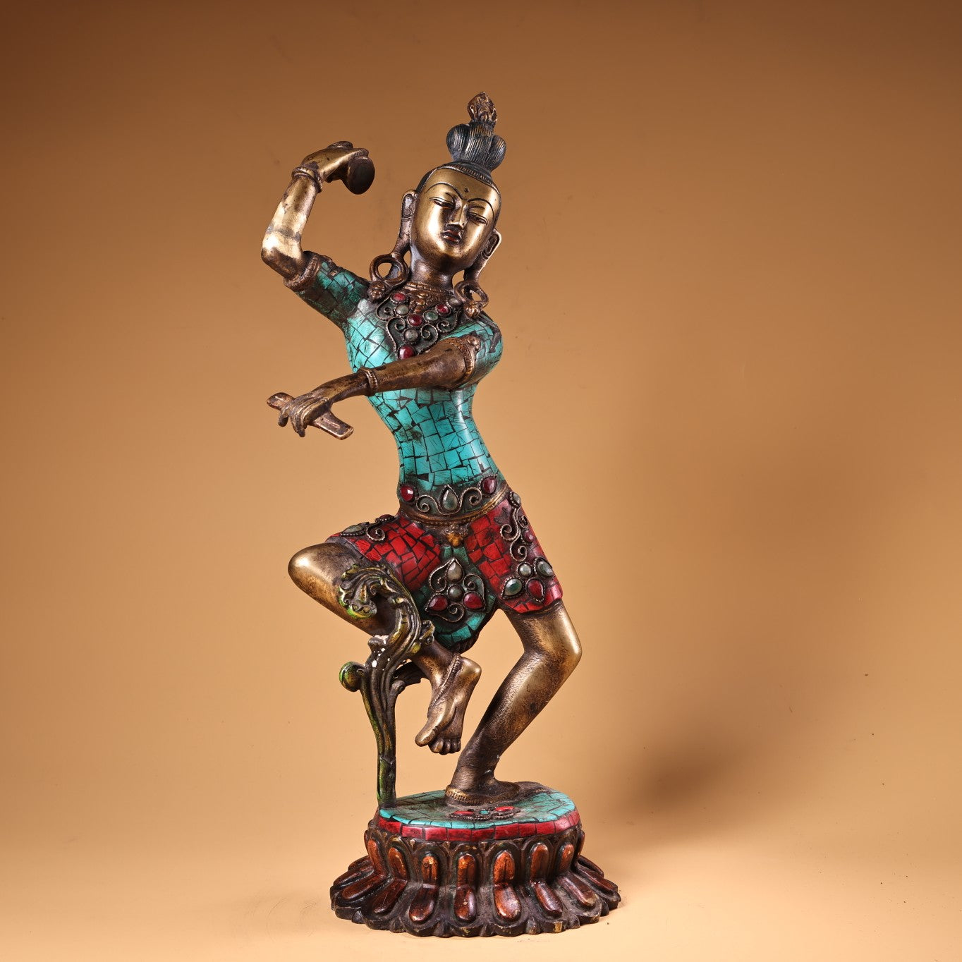 A0805 Tibetan Buddhism Gilt Gold Copper Inlay Turquoise & Gems Tara Statue