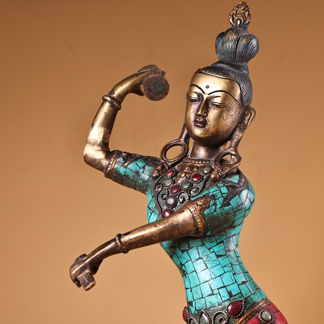 A0805 Tibetan Buddhism Gilt Gold Copper Inlay Turquoise & Gems Tara Statue