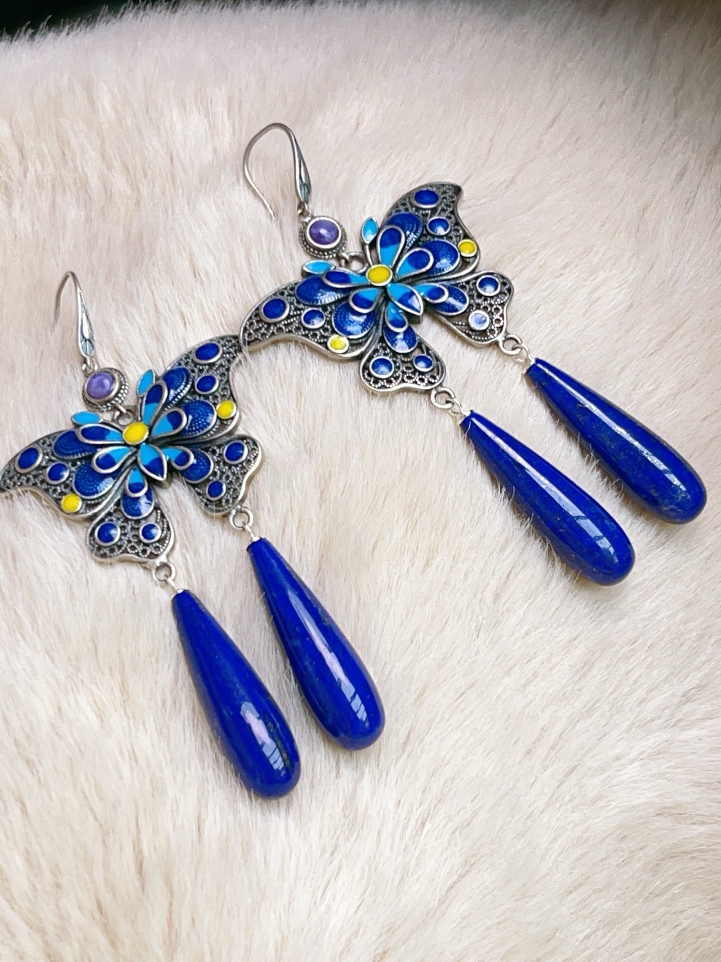 A0807 A Pair Beautiful 925 Silver Enamel Inlay Lapis Lazuli Butterfly Earring