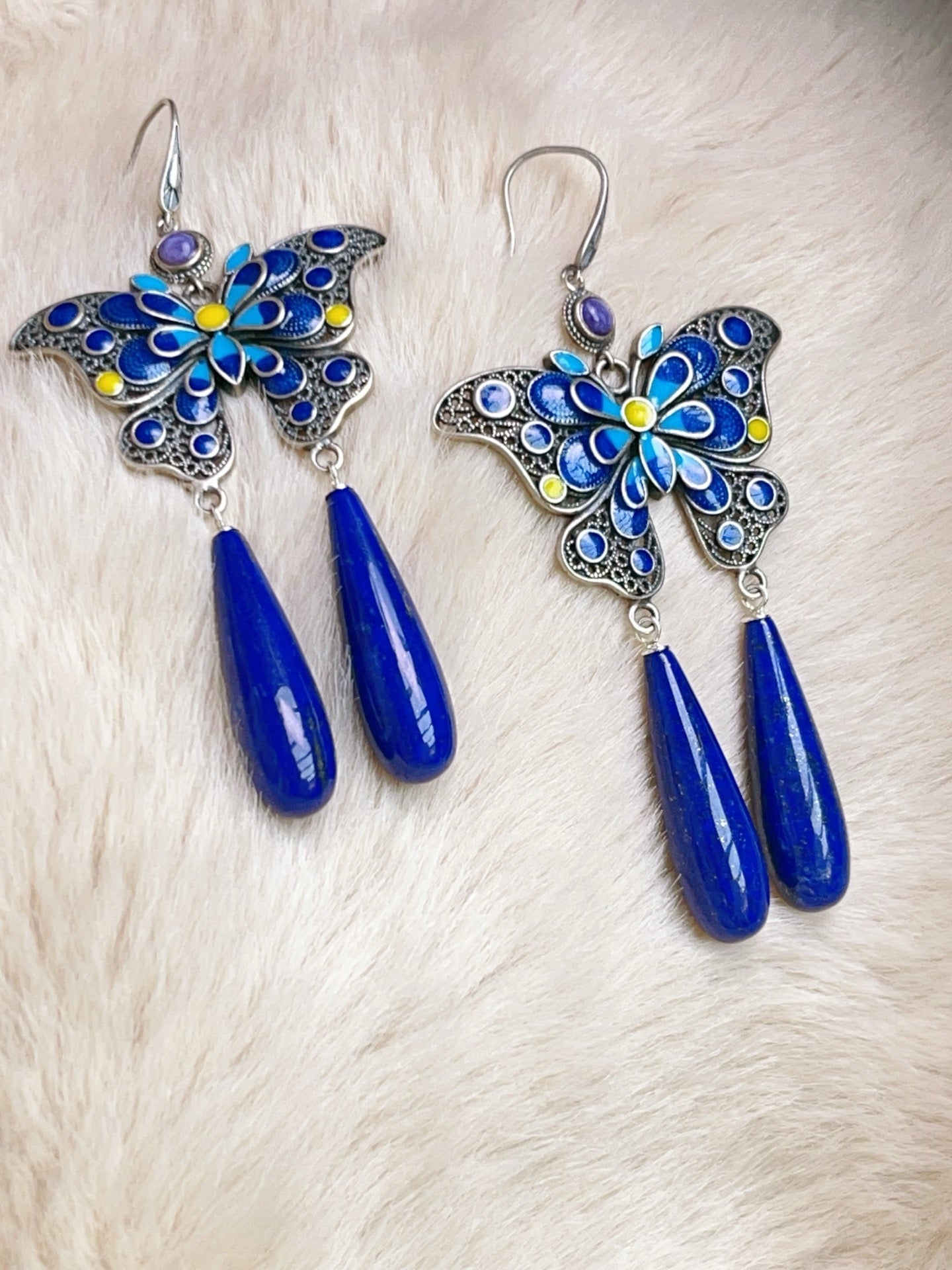 A0807 A Pair Beautiful 925 Silver Enamel Inlay Lapis Lazuli Butterfly Earring