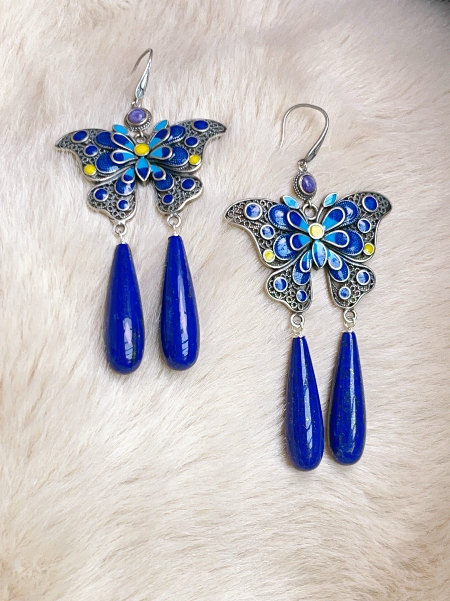A0807 A Pair Beautiful 925 Silver Enamel Inlay Lapis Lazuli Butterfly Earring