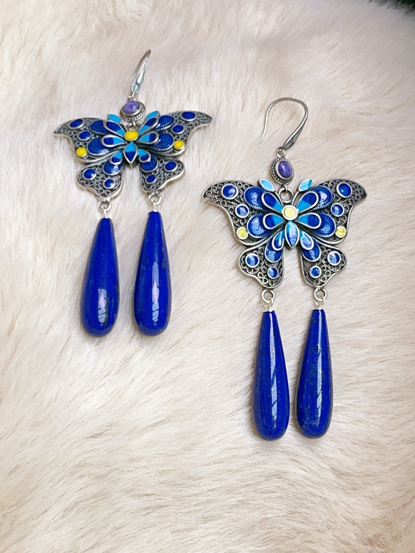 A0807 A Pair Beautiful 925 Silver Enamel Inlay Lapis Lazuli Butterfly Earring