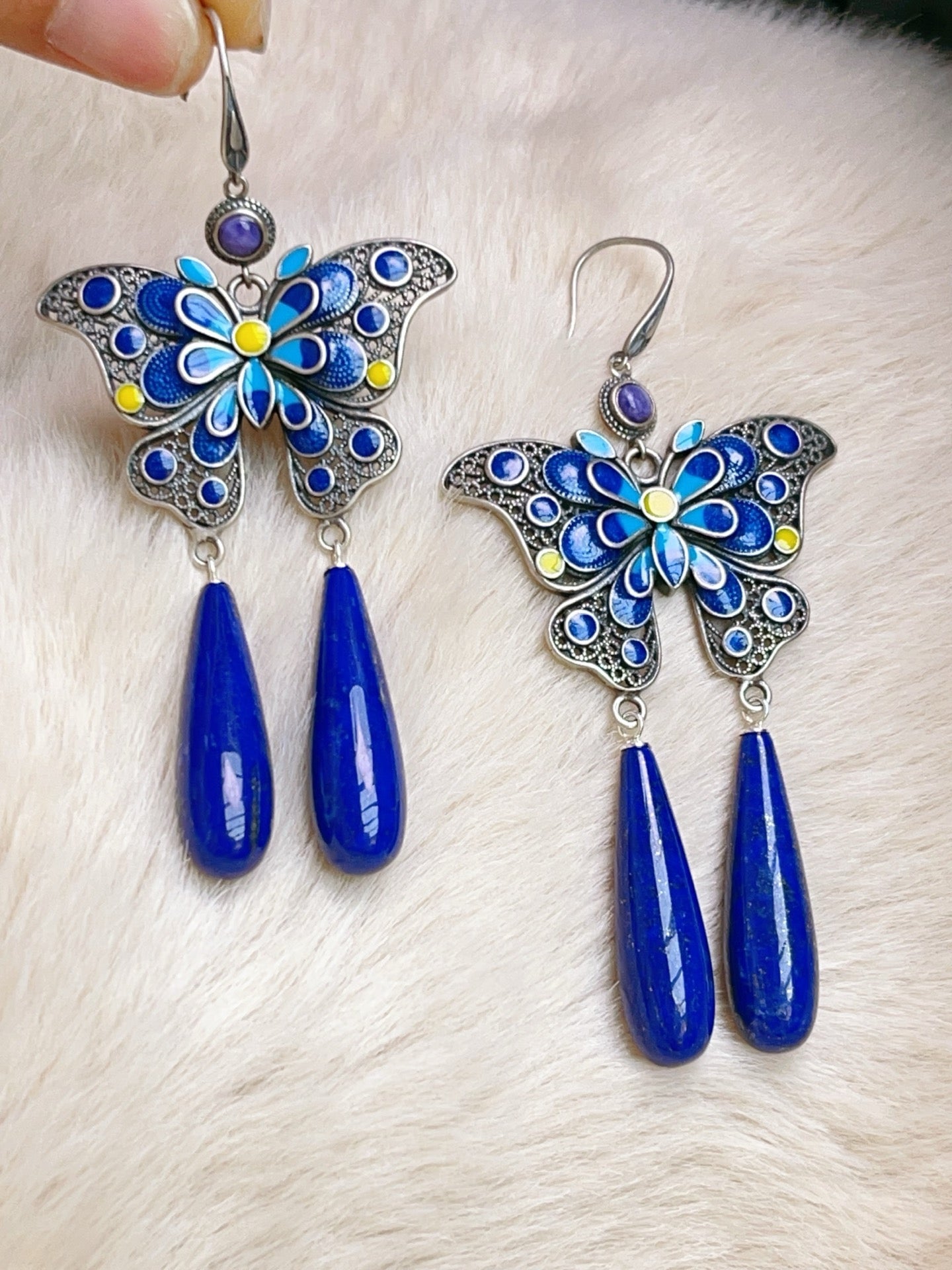 A0807 A Pair Beautiful 925 Silver Enamel Inlay Lapis Lazuli Butterfly Earring