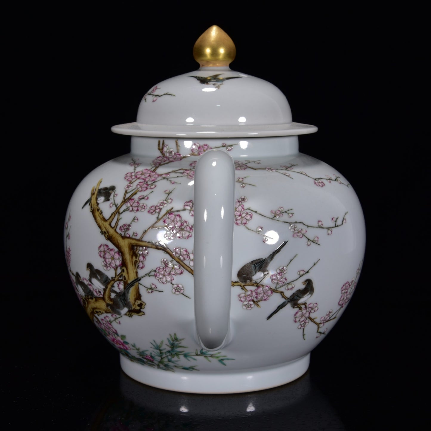 A0808 Chinese Qing Dynasty Gilt Gold Famille Rose Plum Flower & Magpie Design Porcelain Teapot