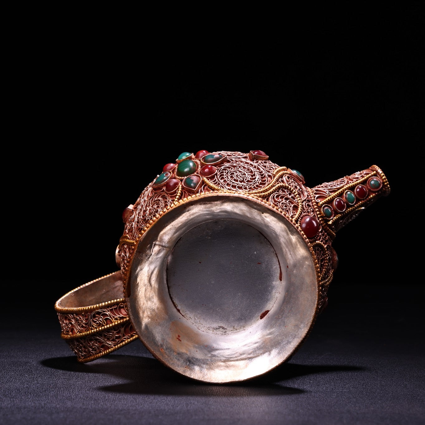 A0815 Vintage Tibetan Gilt Gold Silver Wires Inlay Gems Wine Pot