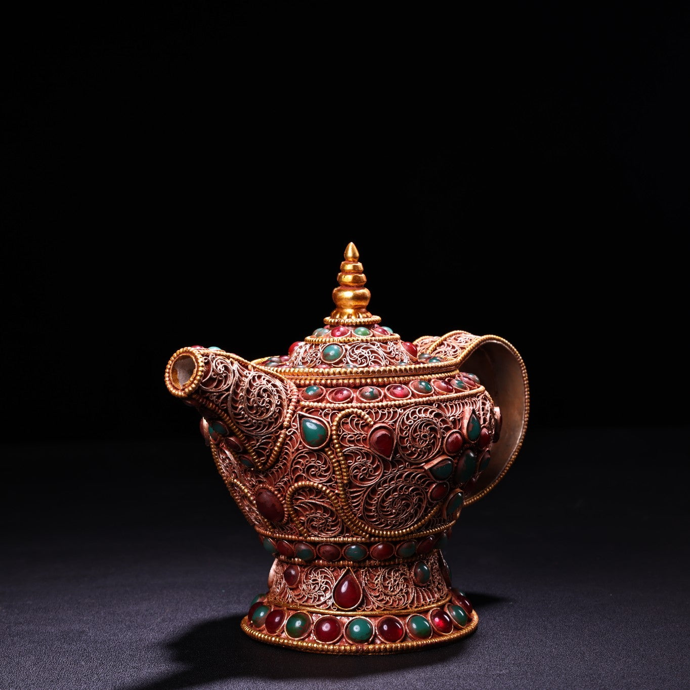 A0815 Vintage Tibetan Gilt Gold Silver Wires Inlay Gems Wine Pot