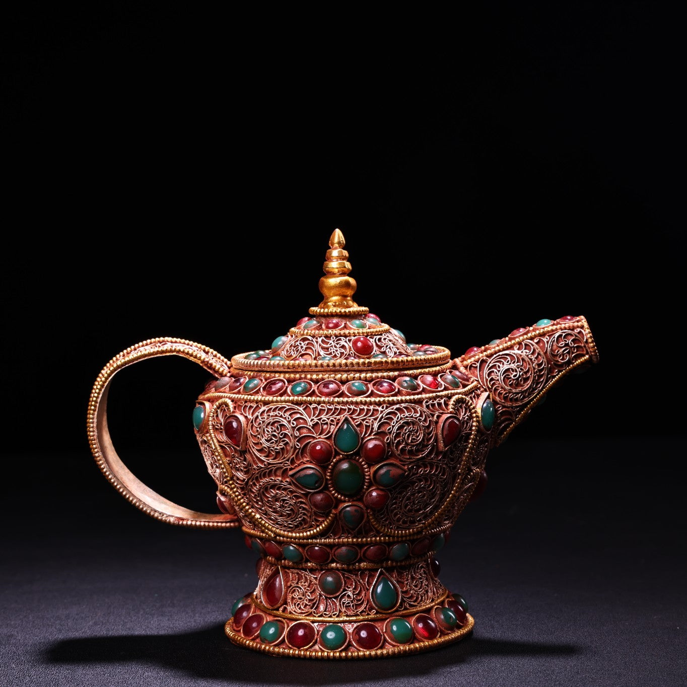 A0815 Vintage Tibetan Gilt Gold Silver Wires Inlay Gems Wine Pot