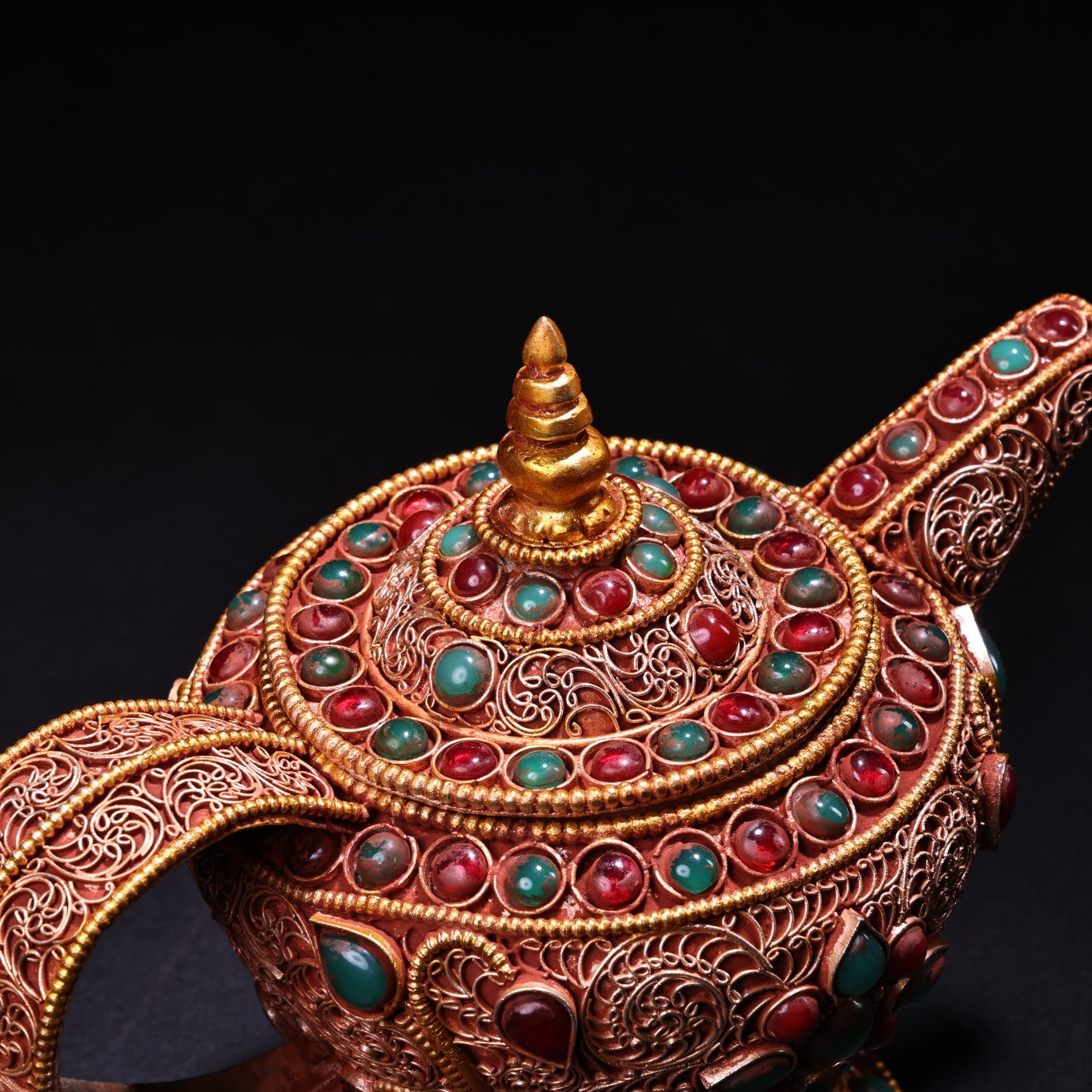 A0815 Vintage Tibetan Gilt Gold Silver Wires Inlay Gems Wine Pot