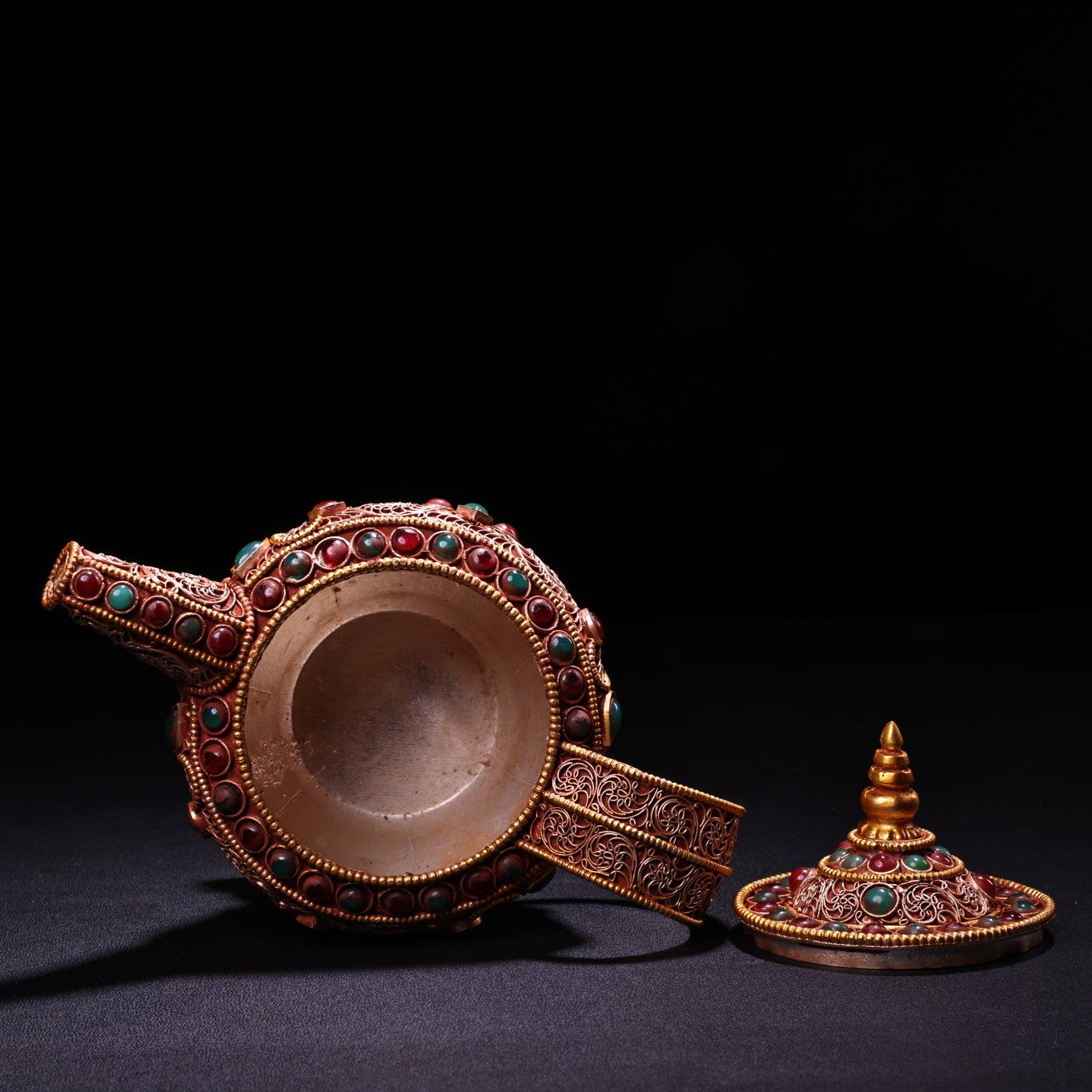 A0815 Vintage Tibetan Gilt Gold Silver Wires Inlay Gems Wine Pot