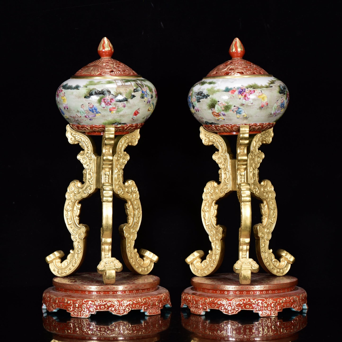 A0818 A Pair Chinese Qing Dynasty Gilt Gold Famille Rose Enamel Urchin Design Porcelain Incense Burner