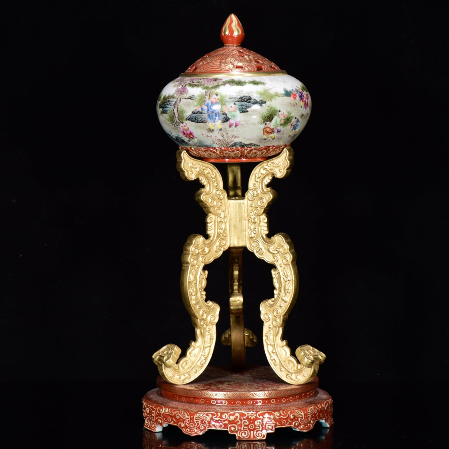 A0818 A Pair Chinese Qing Dynasty Gilt Gold Famille Rose Enamel Urchin Design Porcelain Incense Burner
