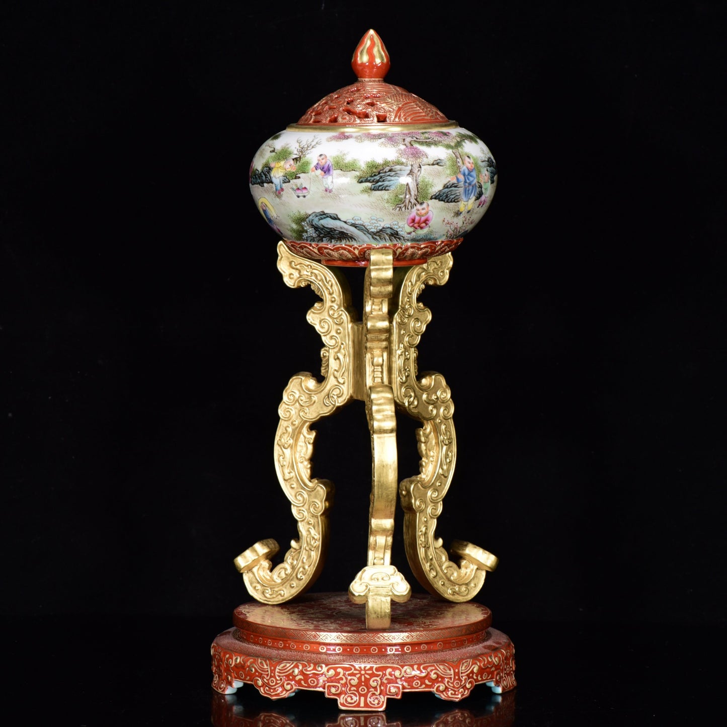 A0818 A Pair Chinese Qing Dynasty Gilt Gold Famille Rose Enamel Urchin Design Porcelain Incense Burner