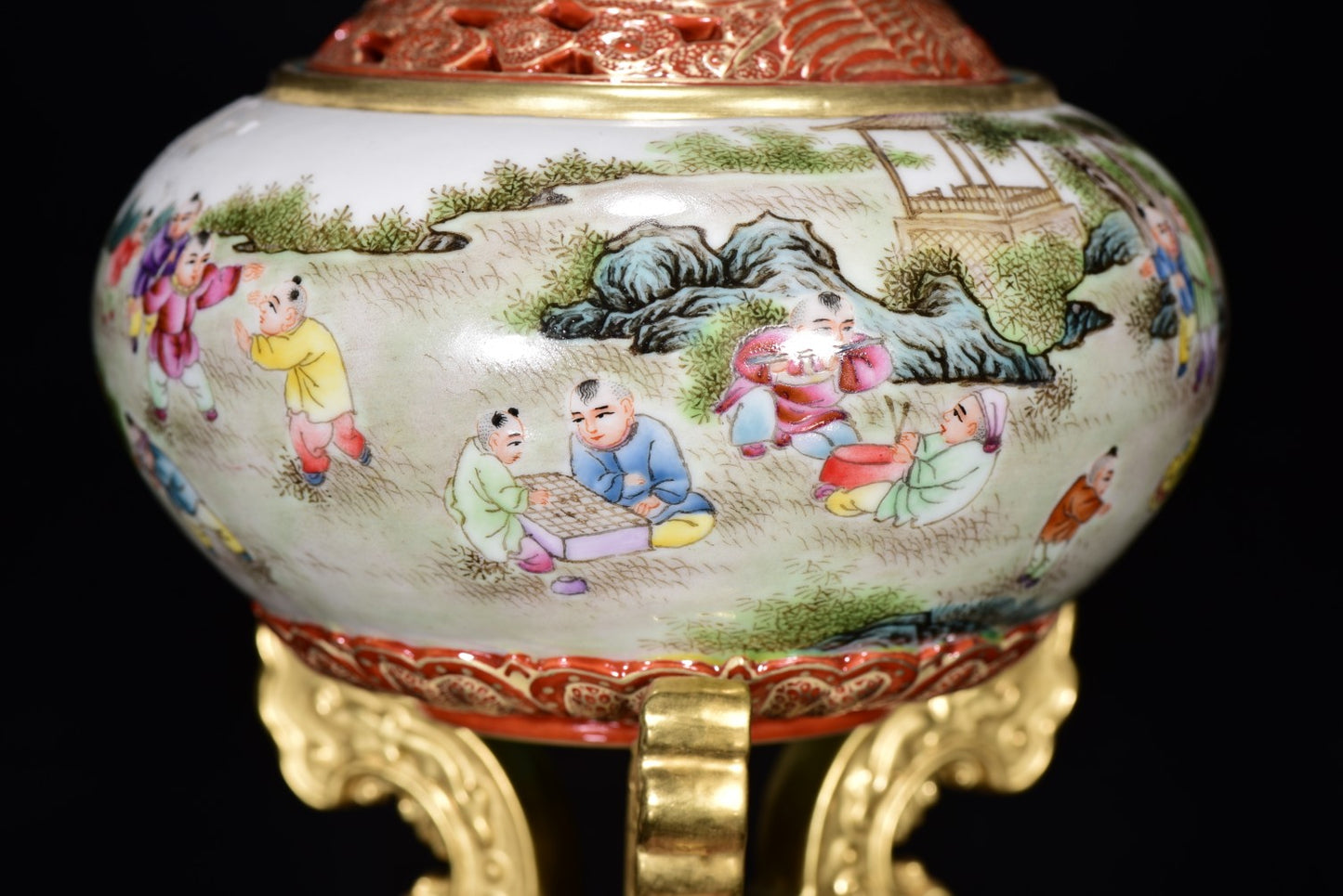 A0818 A Pair Chinese Qing Dynasty Gilt Gold Famille Rose Enamel Urchin Design Porcelain Incense Burner