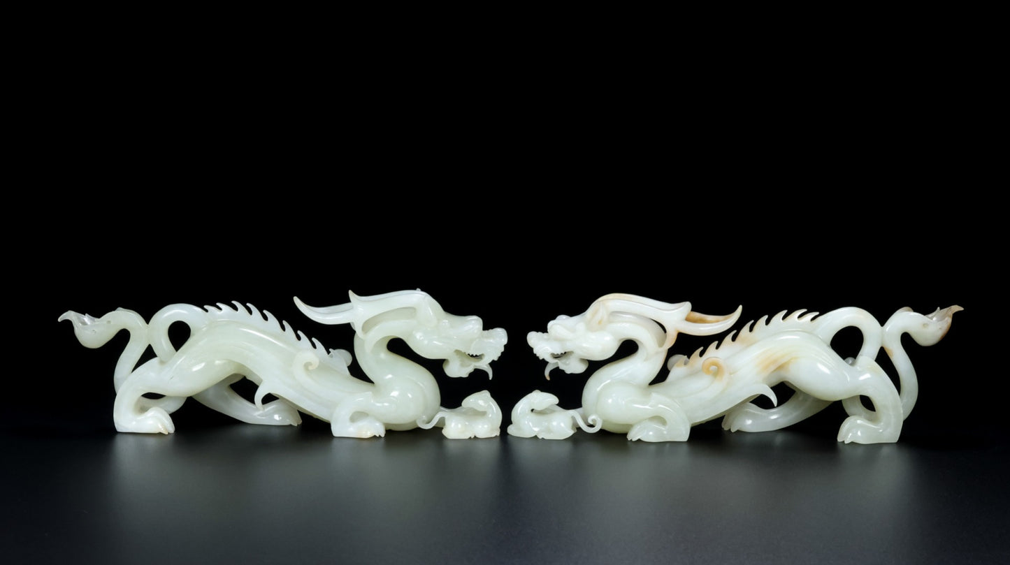 A0820 A Pair Superb Chinese Hetian Jade Carved Fortune Dragon Statues
