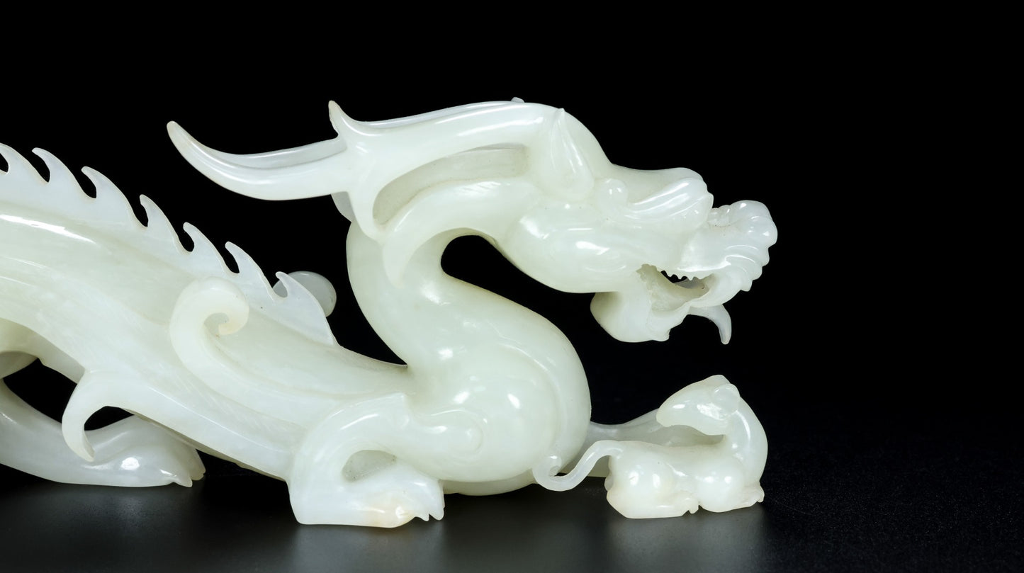 A0820 A Pair Superb Chinese Hetian Jade Carved Fortune Dragon Statues