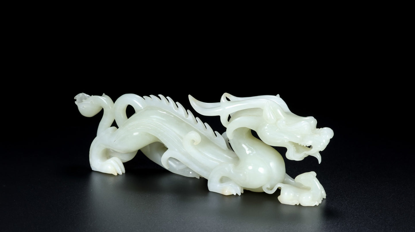 A0820 A Pair Superb Chinese Hetian Jade Carved Fortune Dragon Statues