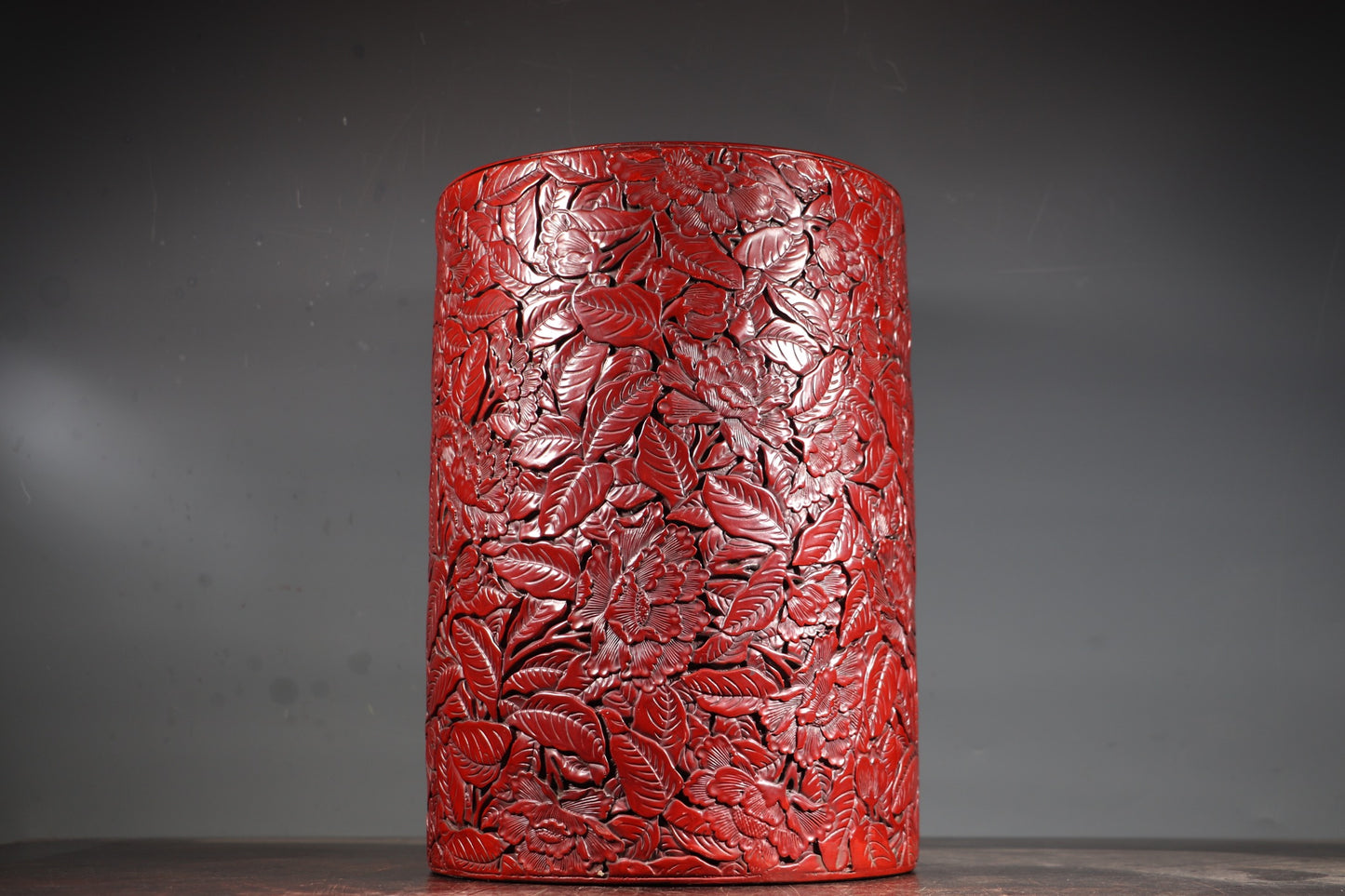 A0821 Vintage Chinese Red Lacquerware Low Relief Flowers Design Brush Pot