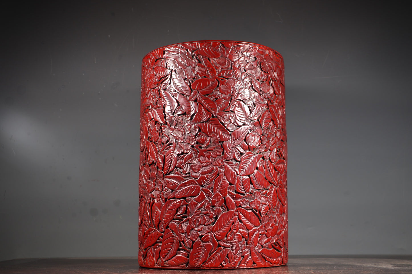 A0821 Vintage Chinese Red Lacquerware Low Relief Flowers Design Brush Pot