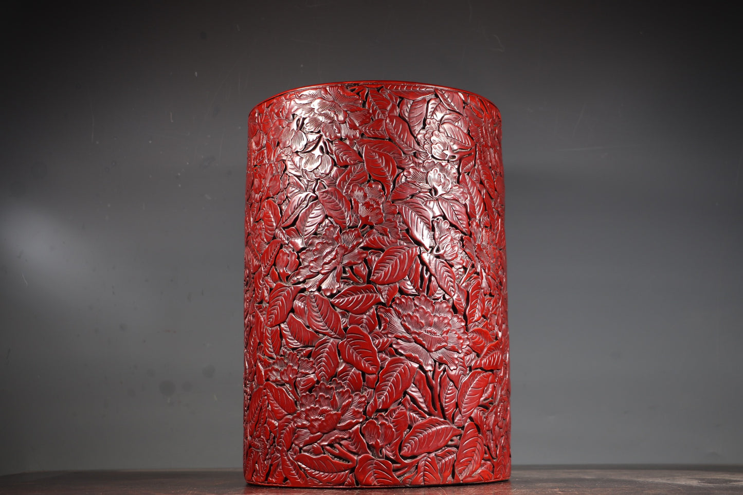 A0821 Vintage Chinese Red Lacquerware Low Relief Flowers Design Brush Pot