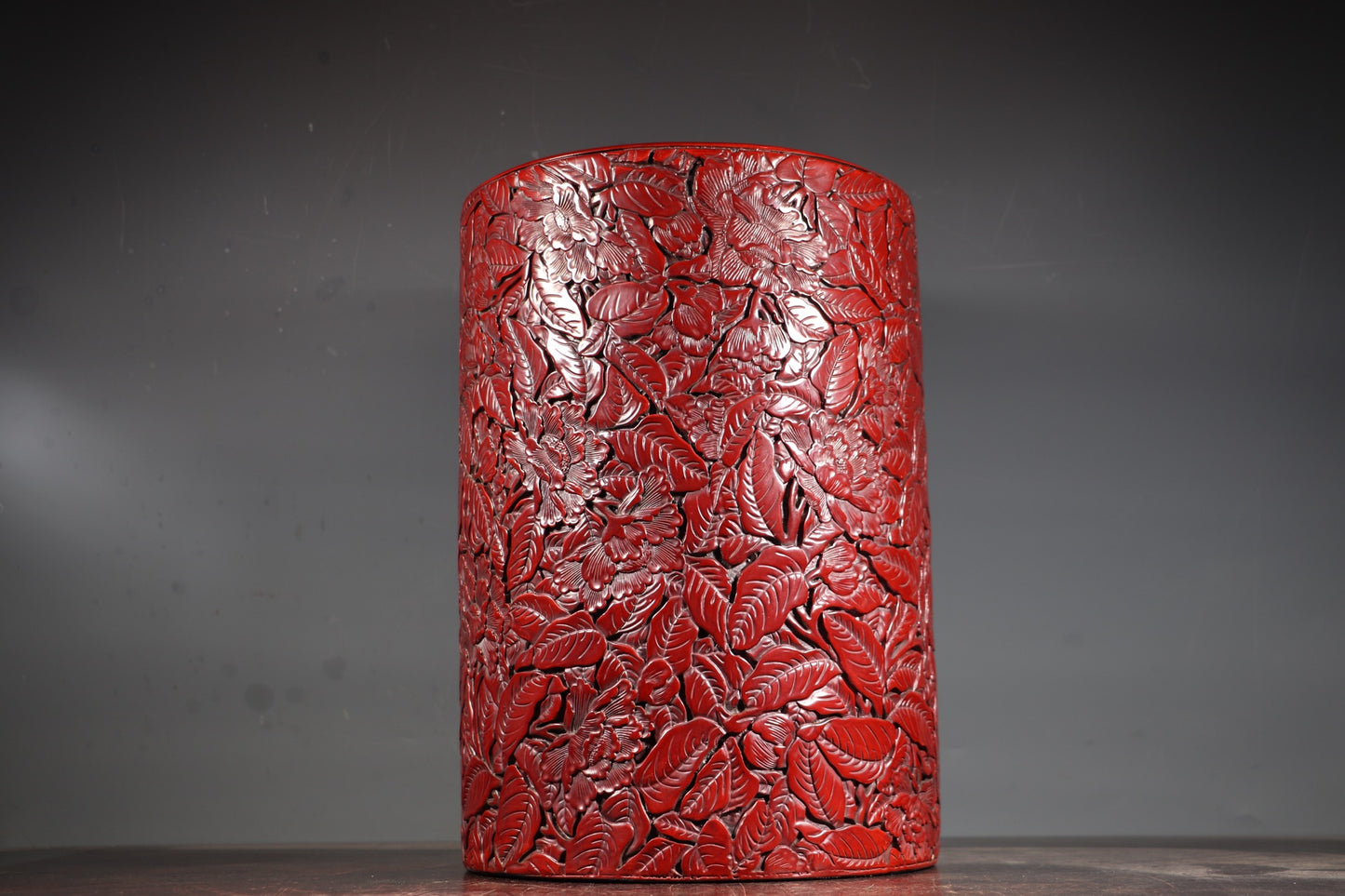 A0821 Vintage Chinese Red Lacquerware Low Relief Flowers Design Brush Pot