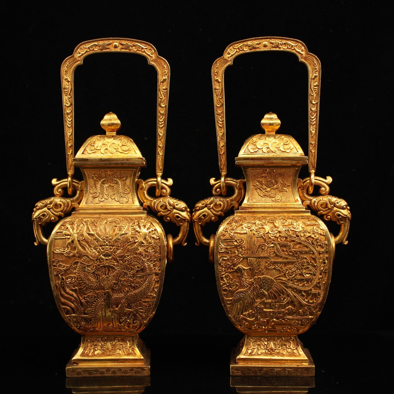 A0823 A Pair Vintage Chinese Gilt Gold Copper Low Relief Dragon & Phoenix Handle Vase