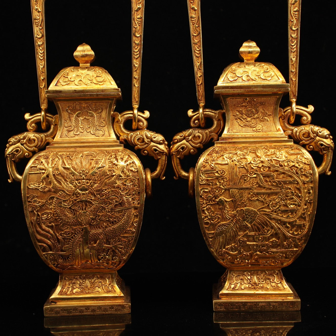 A0823 A Pair Vintage Chinese Gilt Gold Copper Low Relief Dragon & Phoenix Handle Vase