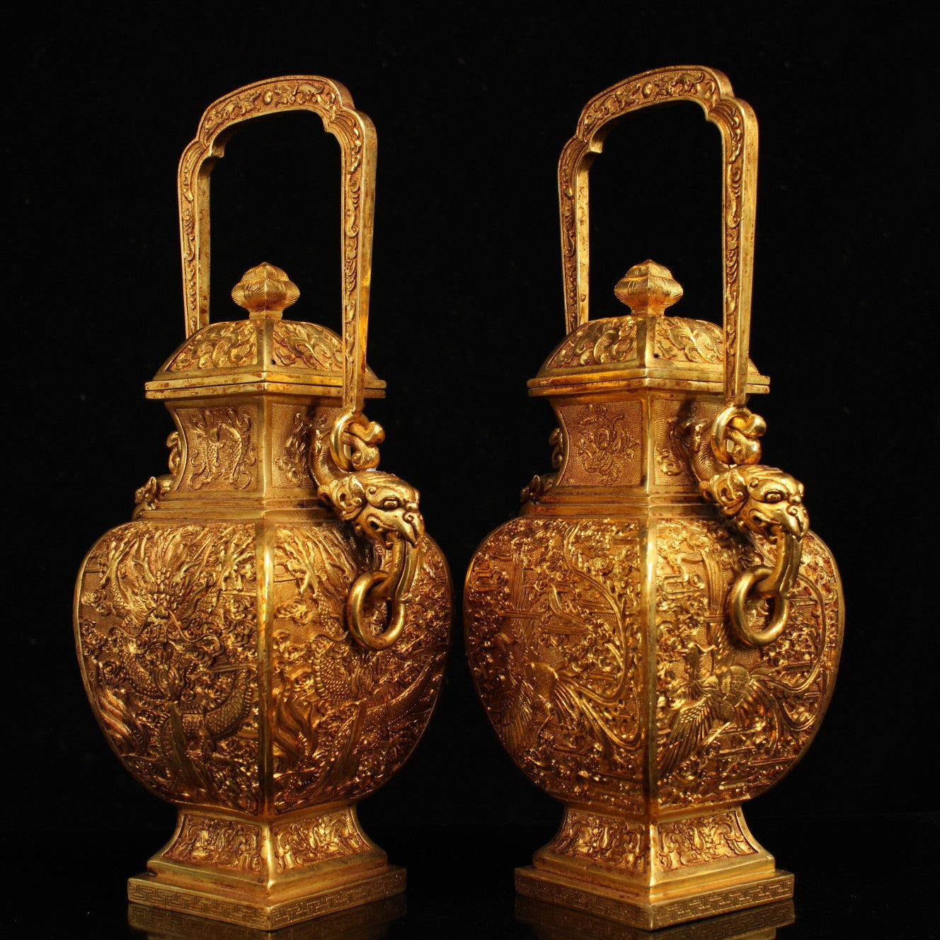 A0823 A Pair Vintage Chinese Gilt Gold Copper Low Relief Dragon & Phoenix Handle Vase