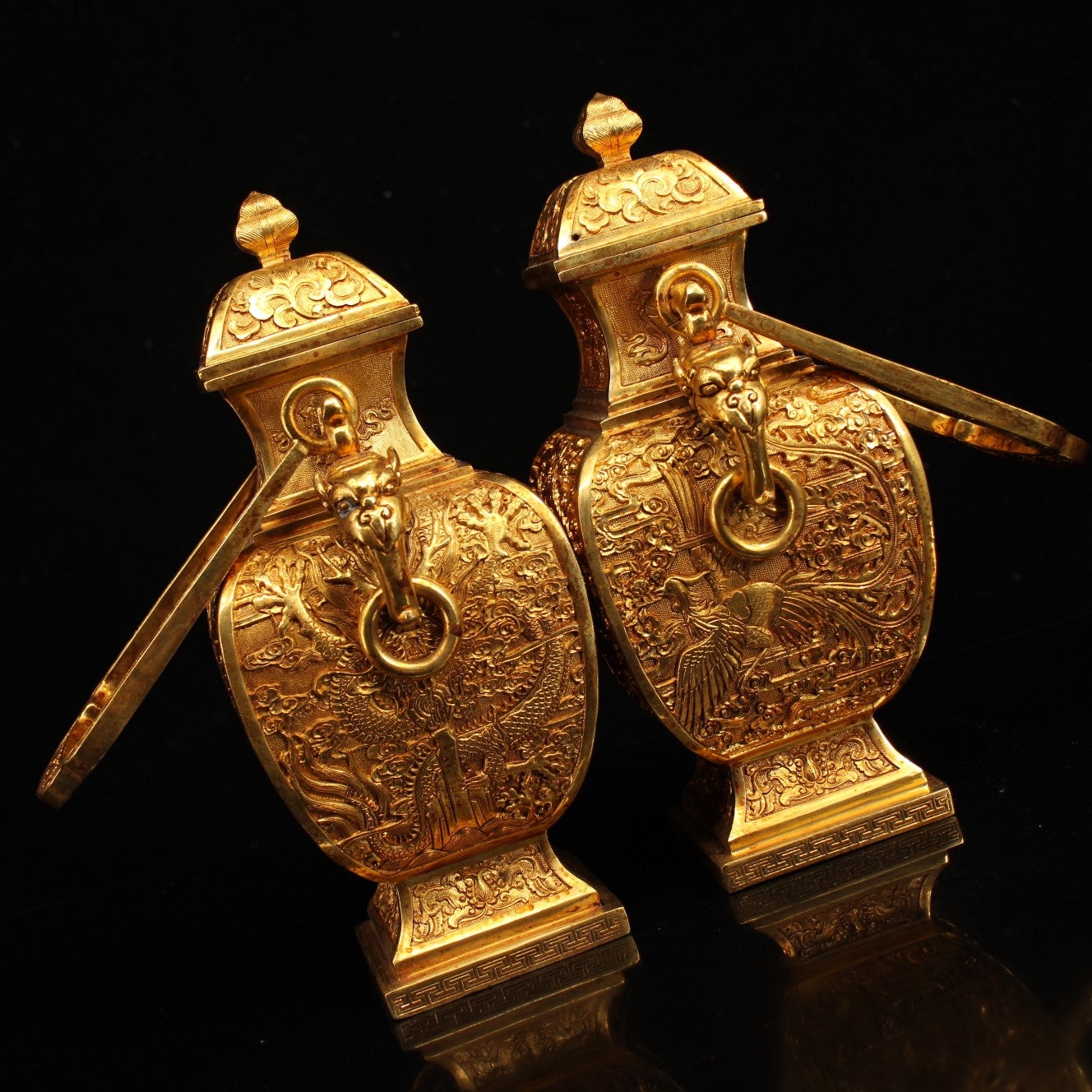 A0823 A Pair Vintage Chinese Gilt Gold Copper Low Relief Dragon & Phoenix Handle Vase