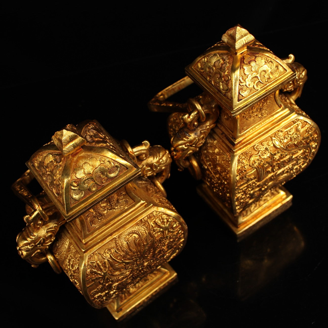 A0823 A Pair Vintage Chinese Gilt Gold Copper Low Relief Dragon & Phoenix Handle Vase