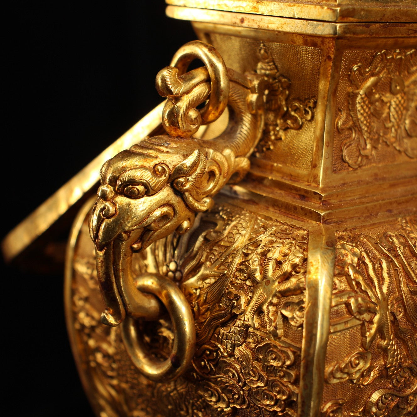A0823 A Pair Vintage Chinese Gilt Gold Copper Low Relief Dragon & Phoenix Handle Vase