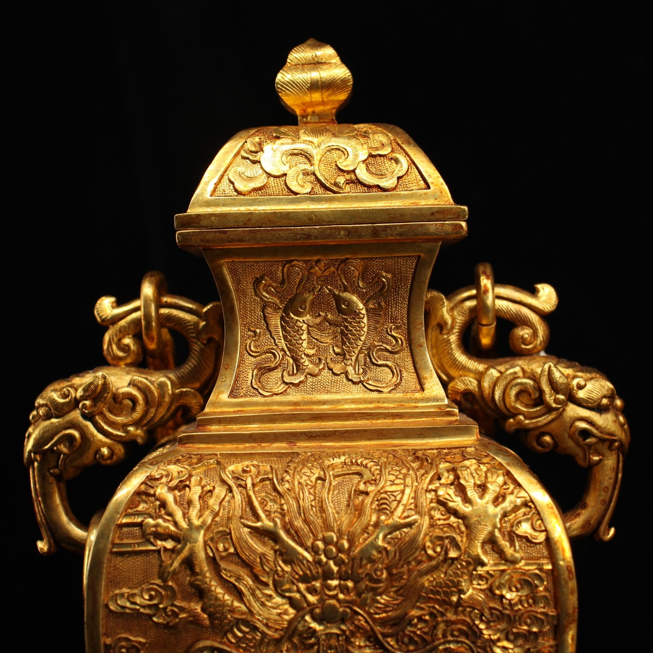 A0823 A Pair Vintage Chinese Gilt Gold Copper Low Relief Dragon & Phoenix Handle Vase
