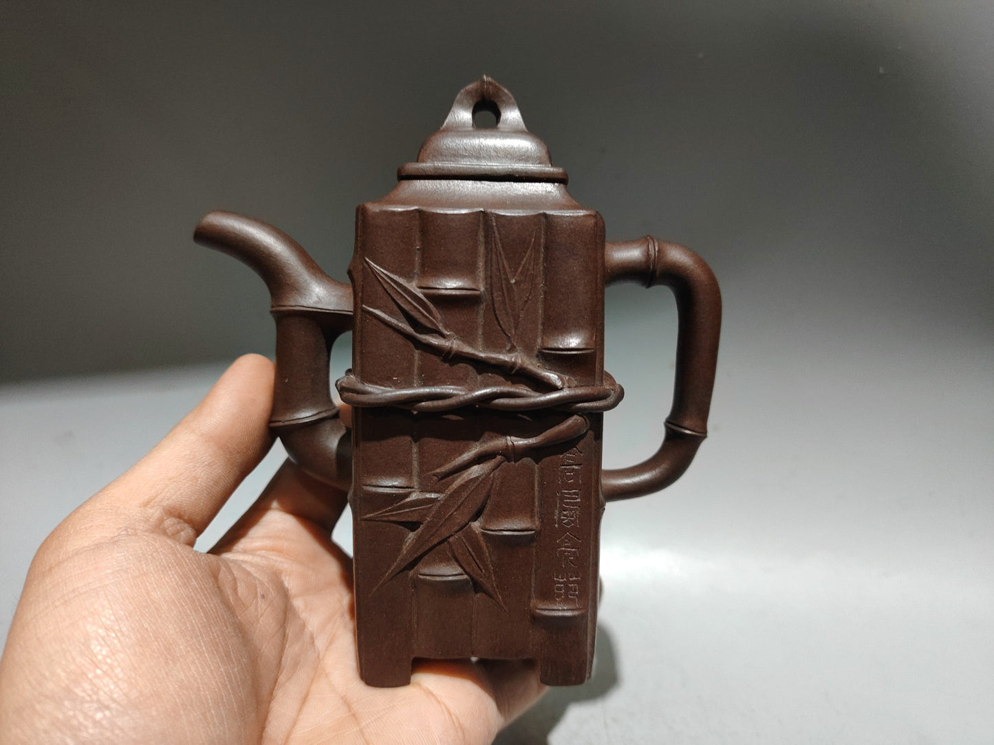 A0825 Chinese Yixing Zisha Clay Fortune Bamboo Teapot w Artist Signed