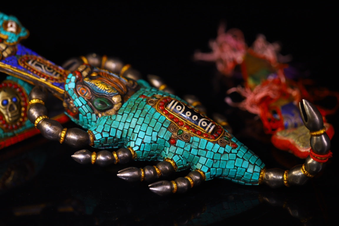 A0830 Vintage Tibetan Gilt Gold Copper Inlay Turquoise & Gems & DZI Agate Dharma-vessel