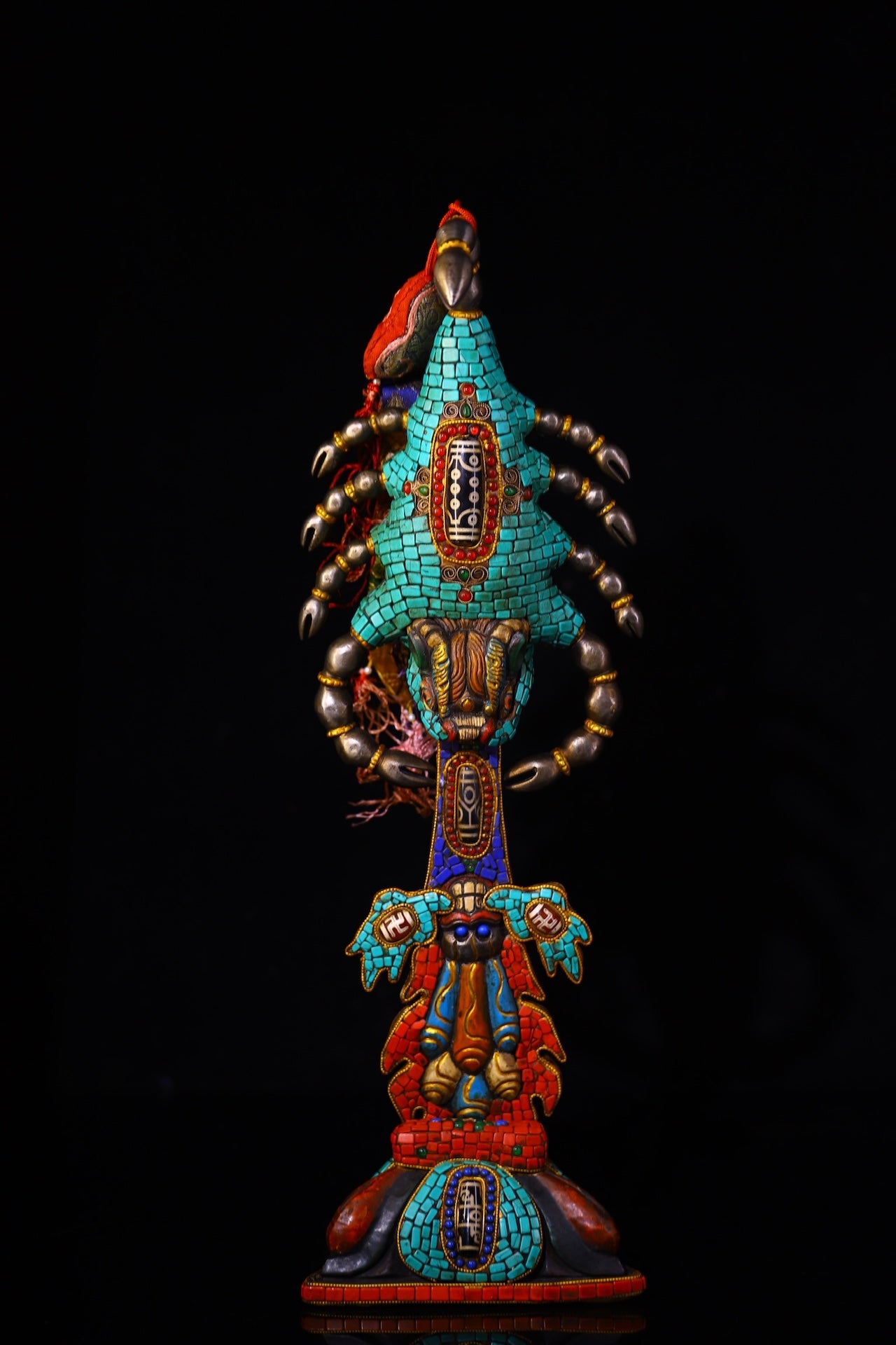 A0830 Vintage Tibetan Gilt Gold Copper Inlay Turquoise & Gems & DZI Agate Dharma-vessel