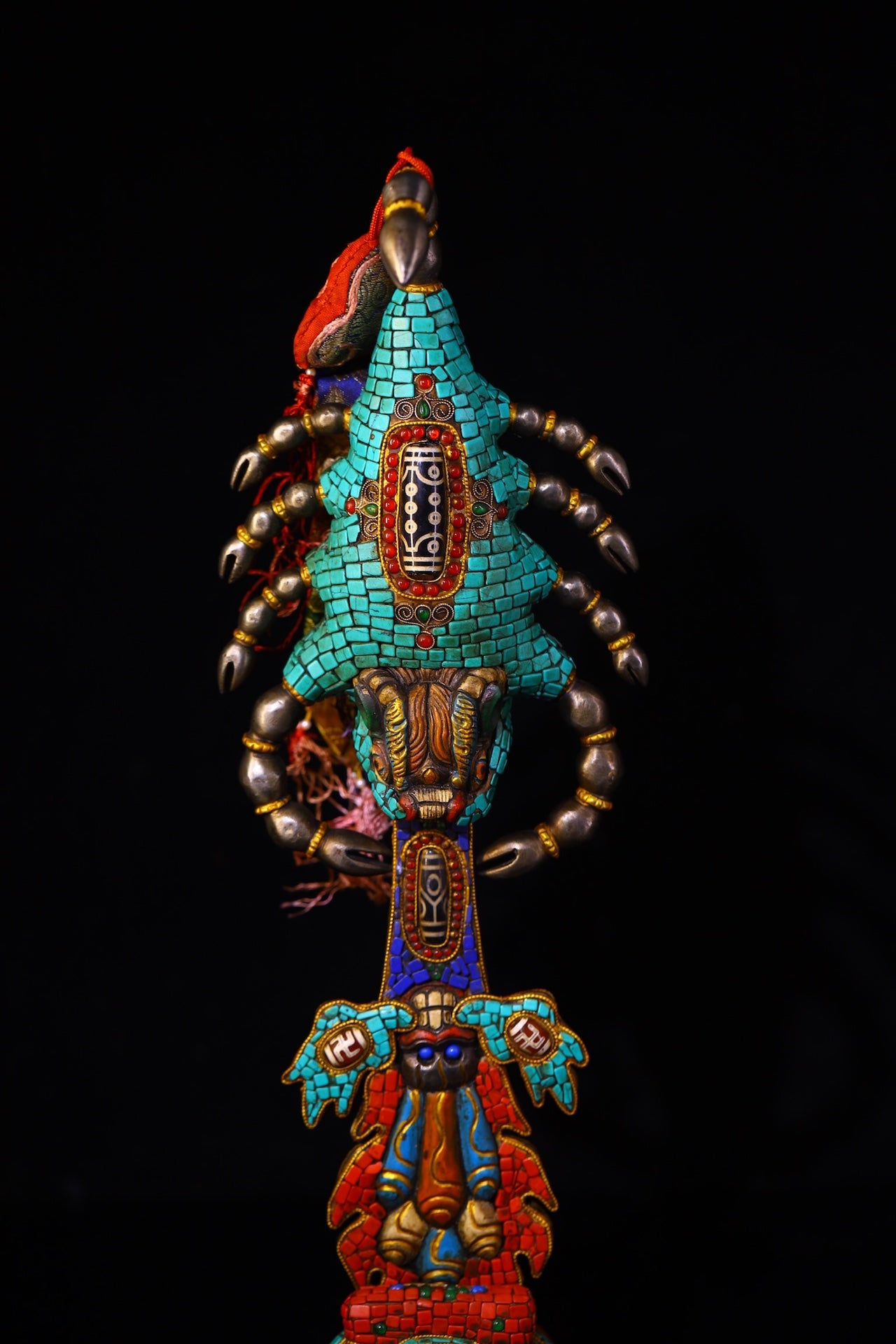 A0830 Vintage Tibetan Gilt Gold Copper Inlay Turquoise & Gems & DZI Agate Dharma-vessel