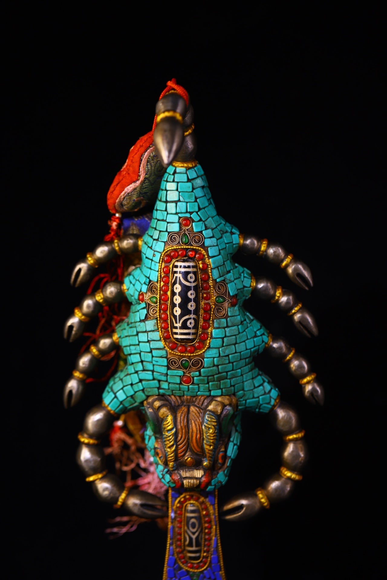 A0830 Vintage Tibetan Gilt Gold Copper Inlay Turquoise & Gems & DZI Agate Dharma-vessel