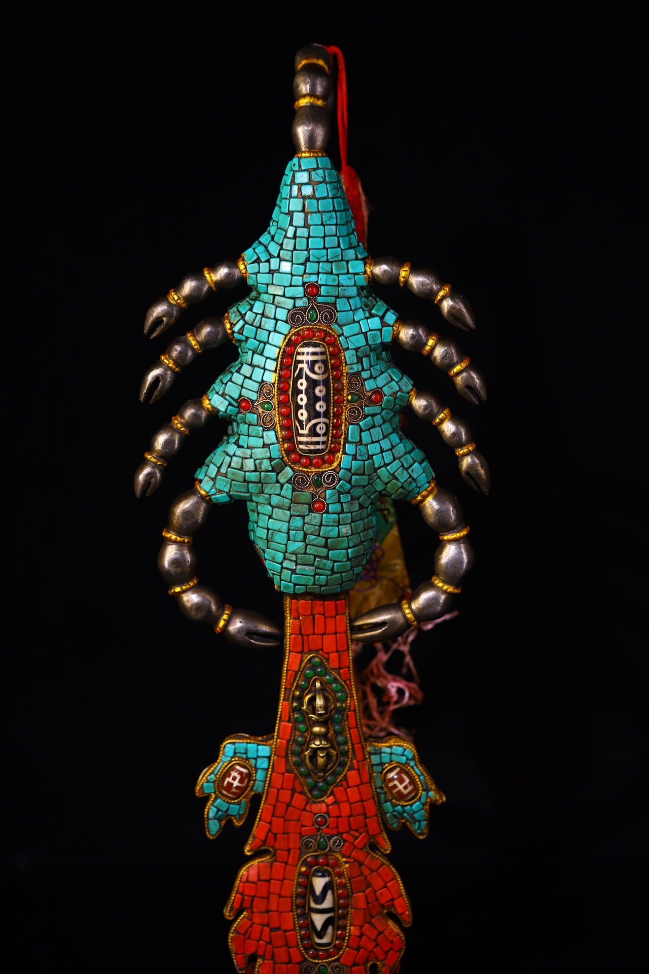 A0830 Vintage Tibetan Gilt Gold Copper Inlay Turquoise & Gems & DZI Agate Dharma-vessel