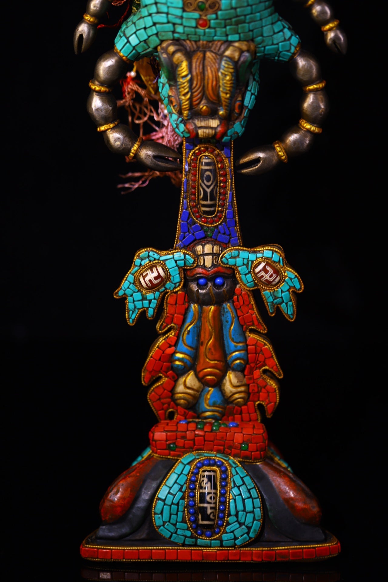 A0830 Vintage Tibetan Gilt Gold Copper Inlay Turquoise & Gems & DZI Agate Dharma-vessel