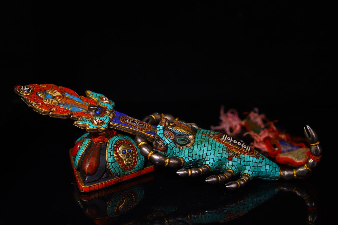 A0830 Vintage Tibetan Gilt Gold Copper Inlay Turquoise & Gems & DZI Agate Dharma-vessel
