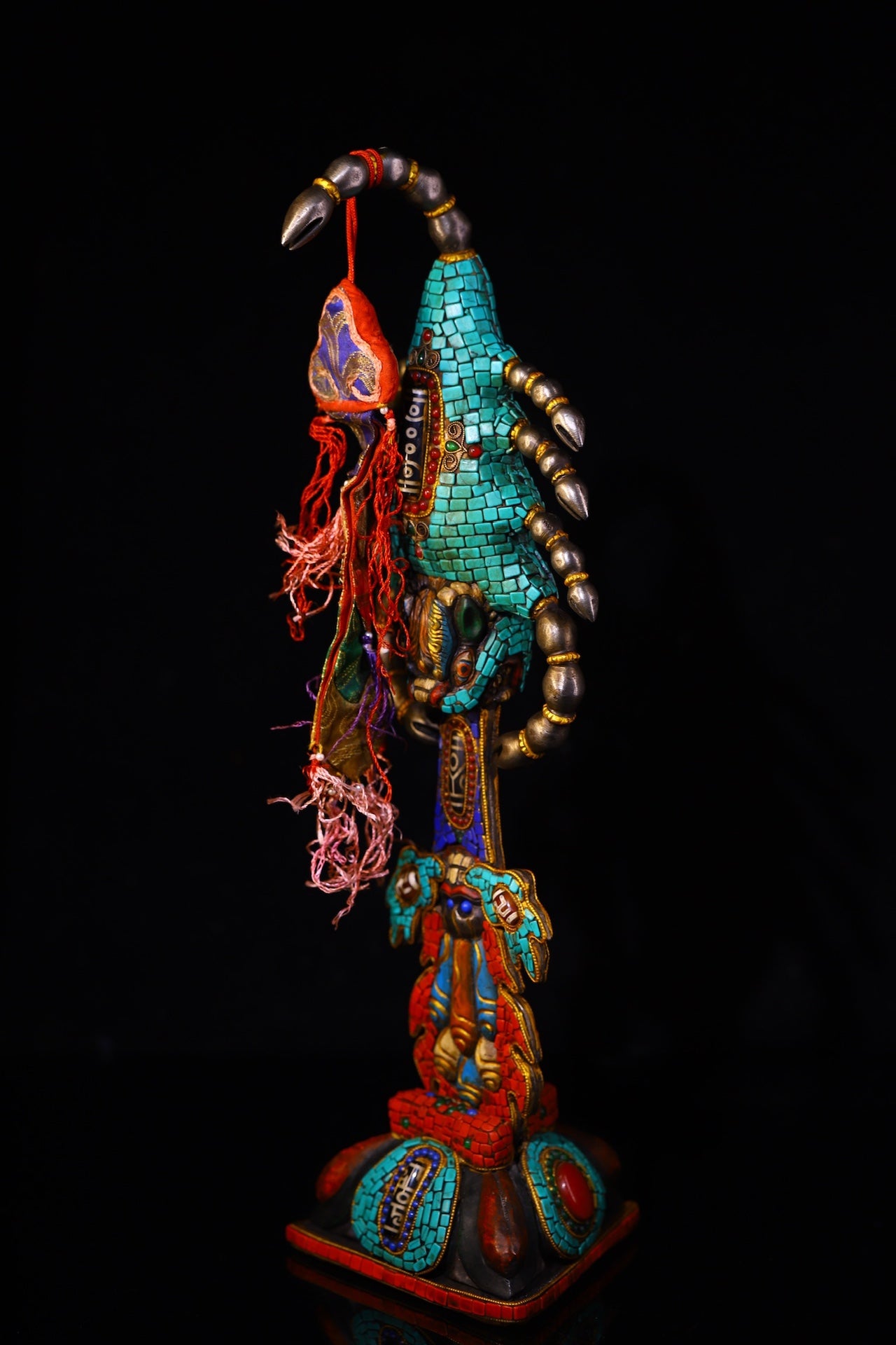 A0830 Vintage Tibetan Gilt Gold Copper Inlay Turquoise & Gems & DZI Agate Dharma-vessel