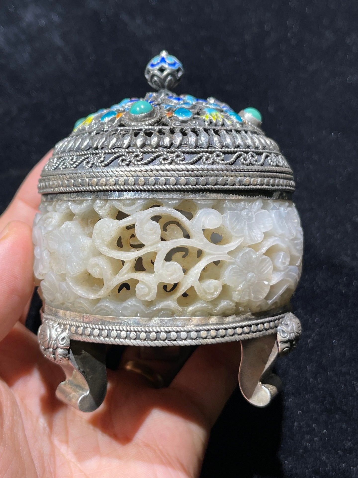 A0840 Vintage Pure Silver Inlay Hetian Jade Flowers Incense Burner