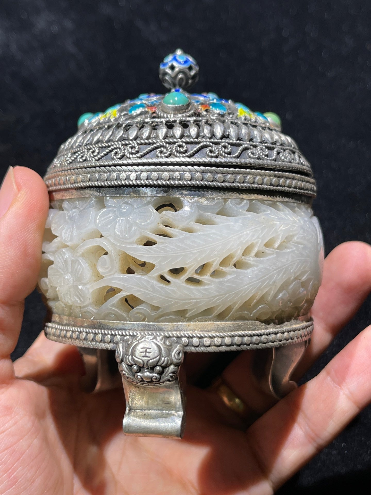 A0840 Vintage Pure Silver Inlay Hetian Jade Flowers Incense Burner