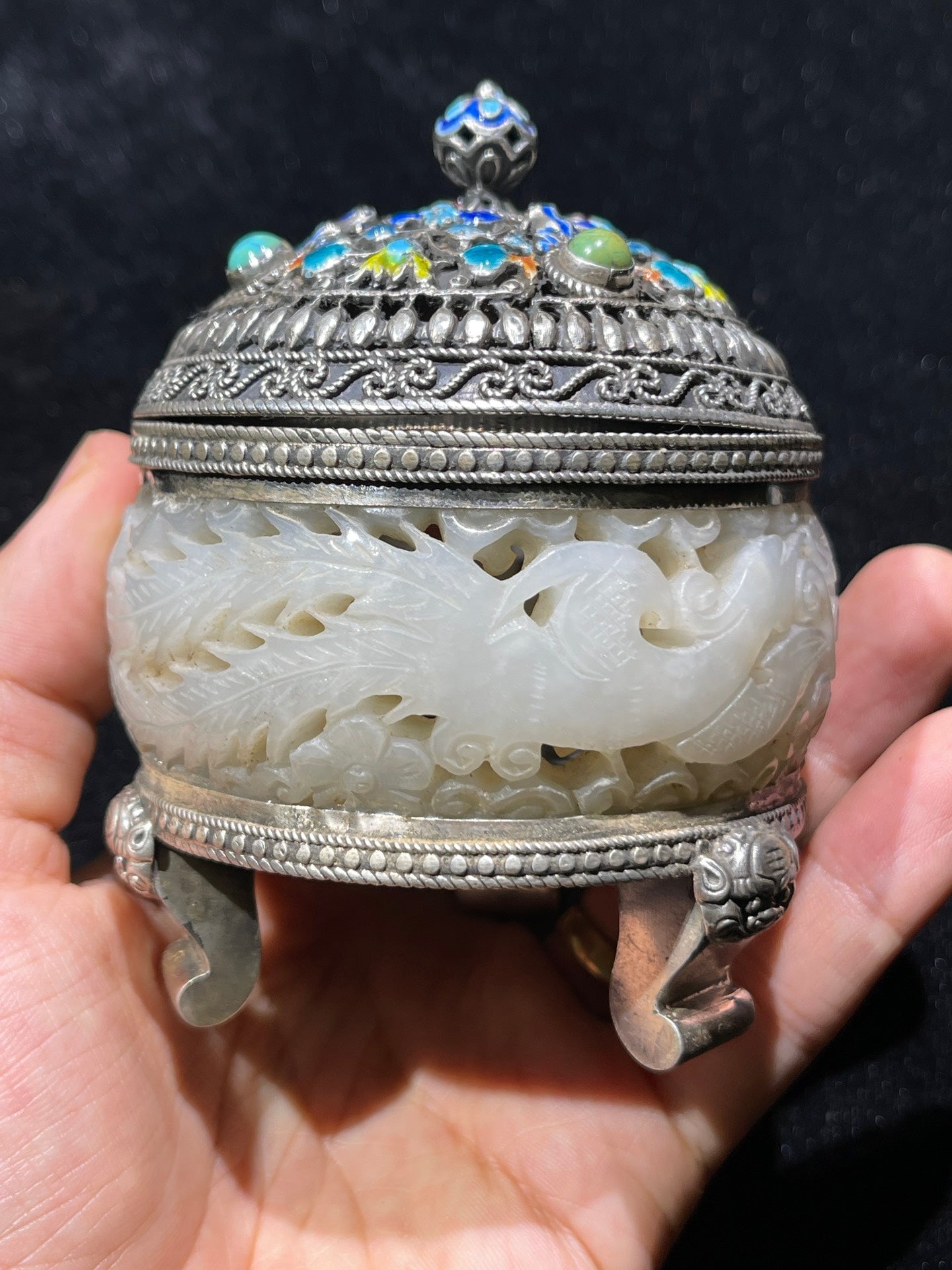 A0840 Vintage Pure Silver Inlay Hetian Jade Flowers Incense Burner