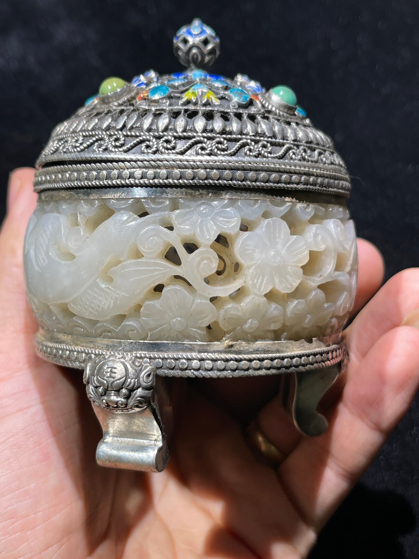 A0840 Vintage Pure Silver Inlay Hetian Jade Flowers Incense Burner