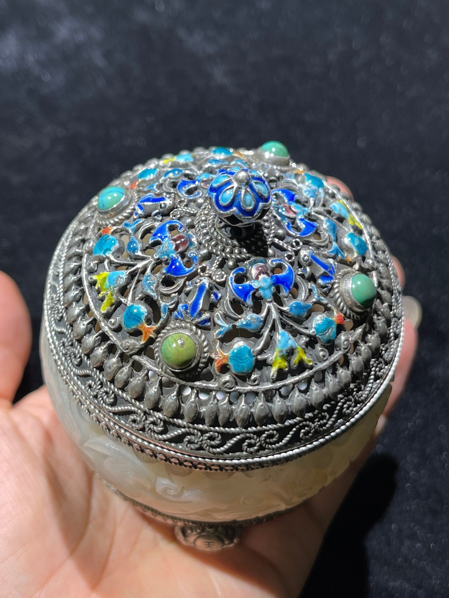 A0840 Vintage Pure Silver Inlay Hetian Jade Flowers Incense Burner