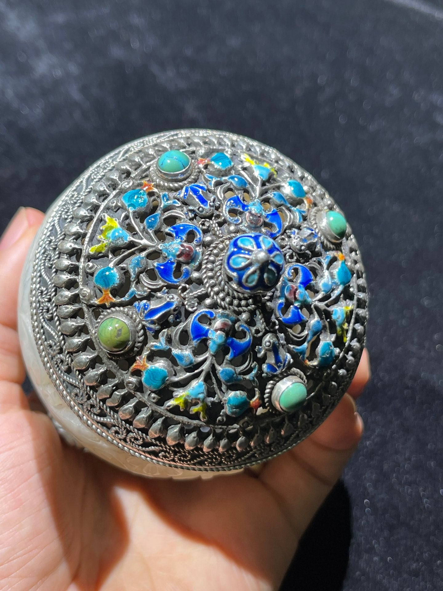 A0840 Vintage Pure Silver Inlay Hetian Jade Flowers Incense Burner