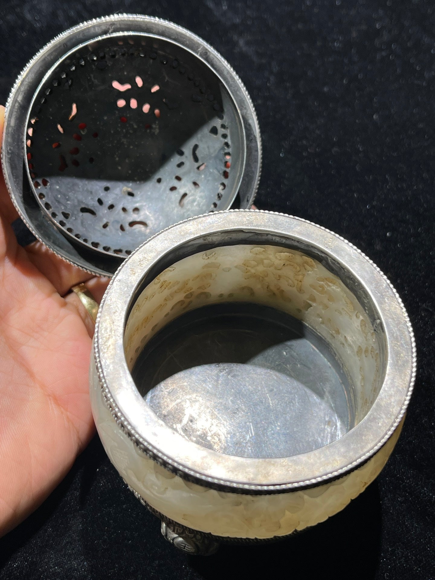 A0840 Vintage Pure Silver Inlay Hetian Jade Flowers Incense Burner